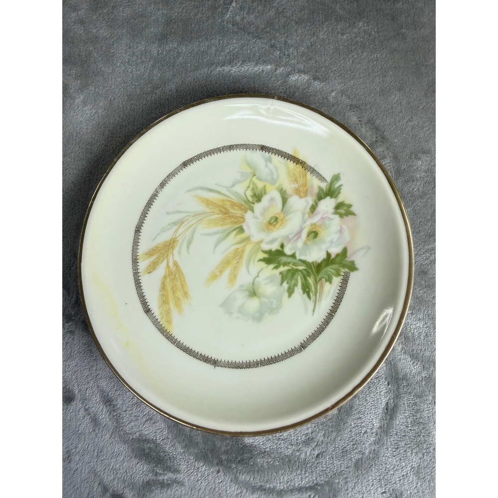 Vintage German Porcelain Floral Wheat Collector Plate Gold Rim 7.75 Inch